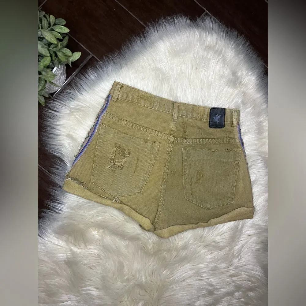 One Teaspoon olive green distressed Aztec striped side denim shorts sz 8/26